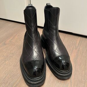 Chanel quilted moto boots patent cap toe